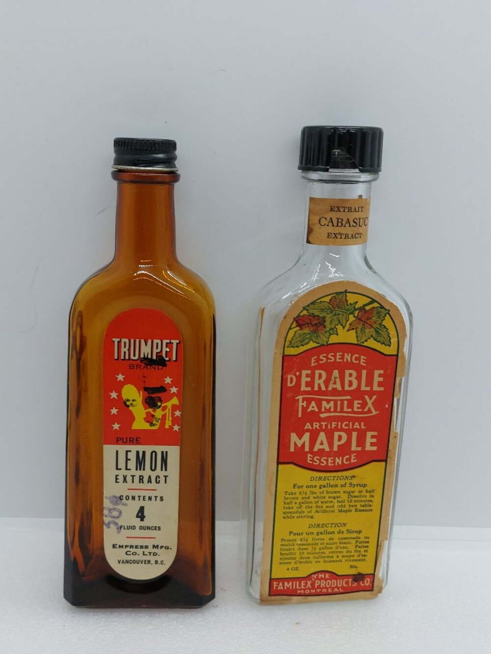 2 Vintage Glass Extract Bottles Trumpet & Familex Farmhouse Decor